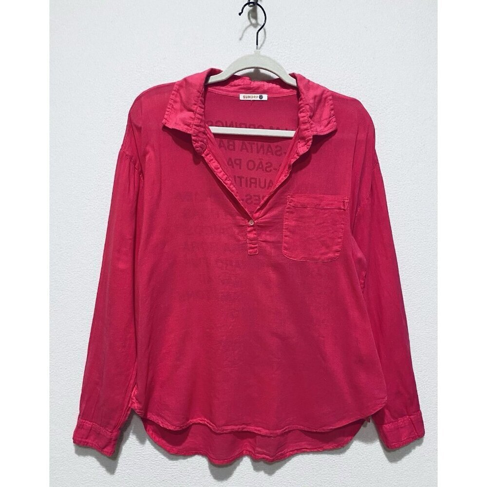 Sundry Top Womens Medium Bright Pink Cities Lightweight Popover Beachy Vacation